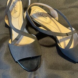 Life Stride Black Wedges with Crisscross Straps and Open Toe